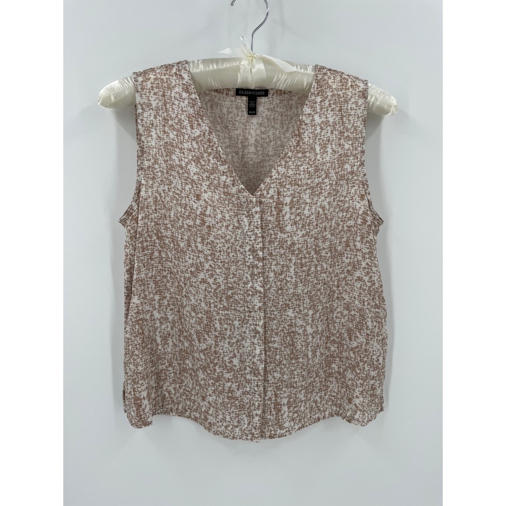 Eileen Fisher Silk Organic Cotton Blouse Womens XS Taupe Print Sleeveless V Neck